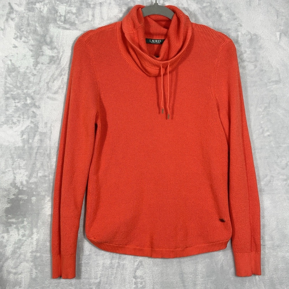 Lauren Ralph Lauren Sweater Womens‎ L Waffle Weave Coral Pullover Cowl Neck Cozy